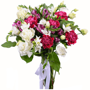 Freesia - 10, Pink carnation - 5, Alstromeria lilac, purple - 4, lisianthus - 3, Salal, Ribbon