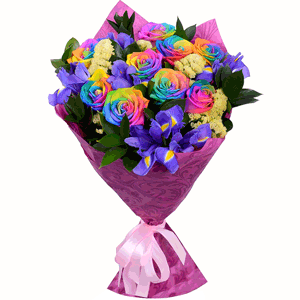 Arrangement of rainbow roses with blue irises with delivery Yekaterinburg