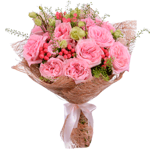 David Austin peonyroses - 9, Pink Lisianthus (Eustoma) - 4, Green bell (1 pc.), Hypericum, Mesh (Abaka), Ribbon