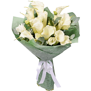 Calla lilies - 13, lisianthus - 2, Eucalyptus Cinerea, Felt, Ribbon