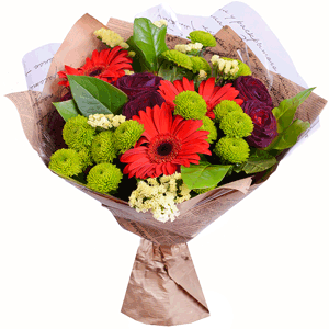 Arrangement of black roses and red gerberas with delivery Yekaterinburg