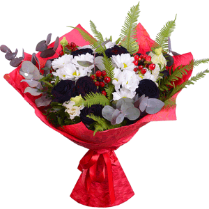 Arrangement of black roses and white chrysantemums with delivery Yekaterinburg