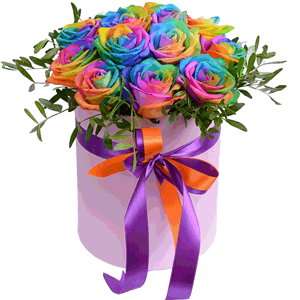 Arrangement of 13 Rainbow Roses in a hatbox with delivery Yekaterinburg