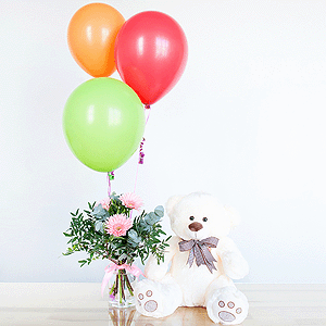 Gift set "Gerberas, teddy bear and balloons" with delivery Yekaterinburg