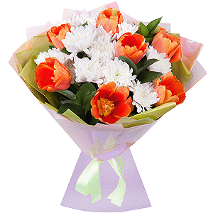 Baltica White Spray Chrysanthemum - 3, Orange tulip - 7, Ruscus, Wrapping Paper, Ribbon