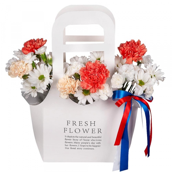 Bacardi White Spray Chrysanthemum - 1, Orange carnation - 3, White spray carnation - 2, Carnation white, cream - 3, Flower bag, Oasis, Ribbon