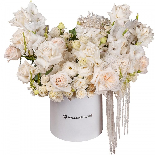 Peony style roses - 5, White rose 50 cm Ecuador - 12, lisianthus - 4, Spray rose: white, cream, light pink 50 cm - 17, White spray carnation - 18, White Gladiolus - 5,  White Hydrangea - 1, Round flower box medium, Oasis, Veronica spray, Eucalyptus, Amaranth stabilized, Feathers decor., Decorative crown