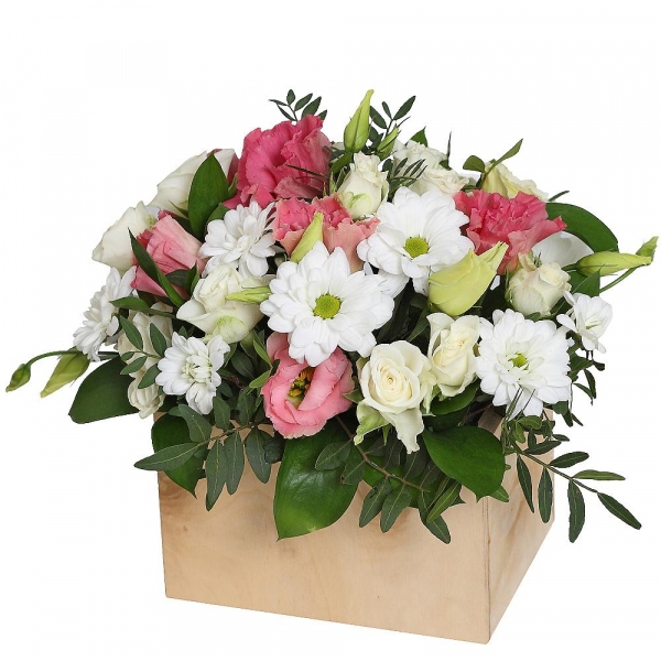 Spray rose: white, cream, light pink 50 cm - 3, Pink Lisianthus (Eustoma) - 2, Bacardi White Spray Chrysanthemum - 1, Pistachio, Ruscus, Oasis, Wooden pot