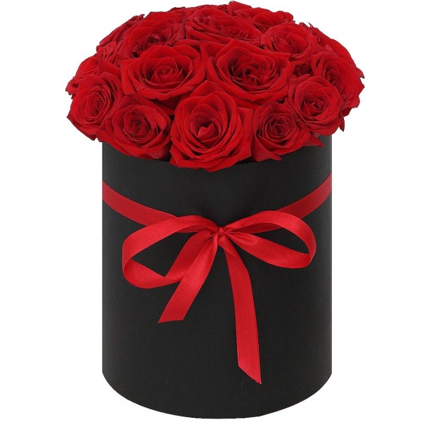 Red rose 50 cm - 23, Ribbon, Round flower box medium, Oasis