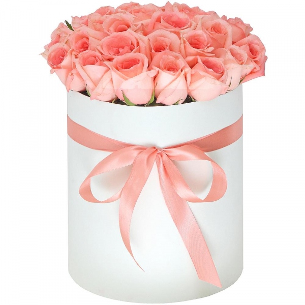 Pink rose 50 cm - 23, Ribbon, Round flower box medium, Oasis