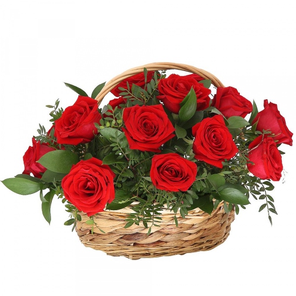 Red rose 50 cm - 15, Ruscus, Pistachio, Oasis, Medium Basket