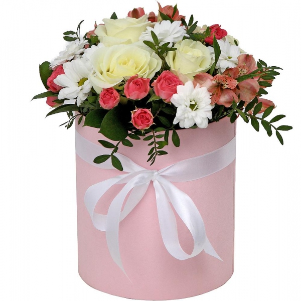 White rose 50 cm - 7, Alstromeria white, soft pink - 3, Bright pink spray rose mix, 50 cm - 6, Bacardi White Spray Chrysanthemum - 3, Ruscus, Pistachio, Round flower box medium, Ribbon, Oasis
