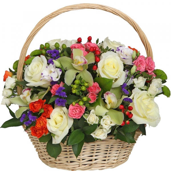 Green Cymbidium Orchid Bud - 4, White rose 50 cm - 9, Bright pink spray rose mix, 50 cm - 5, Purple Lisianthus (Eustoma) - 2, Athos pom Feeling Green - 3, Spray rose: yellow, orange 50 cm - 4, Spray rose: white, cream, light pink 50 cm - 5, Spray rose: white, cream, light pink 50 cm - 4, Blue Statice, Hypericum, Ruscus, Pistachio, Oasis, Large Basket
