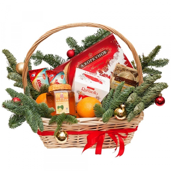 Large Basket, Spruce branches (1pc.), Box of candies «Raffaello» 150 g, Вox of candy , Orange, Tea 100g, Cookies, 1 package, Нoney 500g, Film, Ribbon, Christmas decor (set)