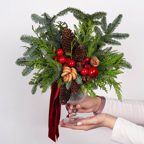 Spruce branches (1pc.), Plastic planter, Christmas decor (set), Oasis, Thuja, Ribbon