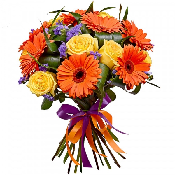 Gerbera daisies - 10, Yellow rose 50 cm - 11, Aspidistra (1 pc.), Blue Statice, Ribbon, Ribbon