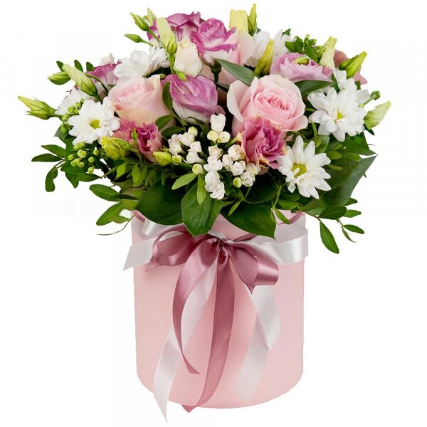 Pink rose 50 cm - 3, Pink Lisianthus (Eustoma) - 3, Santini White Spray Chrysanthemum - 1, Round flower box small , Oasis, Film, Pistachio, Ruscus,  Bouvardia, Ribbon