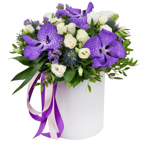 Vanda Orchid bud - 4, Spray rose: white, cream, light pink 50 cm - 6, lisianthus - 3, Round flower box small , Oasis, Film, Pistachio, Ruscus, Aspidistra (1 pc.), Flask for orchids, Eryngium, Blue Statice, Ribbon