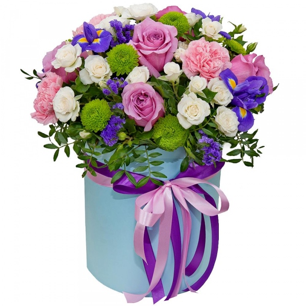 Deep Purple rose - 7, Spray rose: white, cream, light pink 50 cm - 10, Pink carnation - 4, Irises - 4, Athos pom Feeling Green - 3, Round flower box medium, Oasis, Film, Pistachio, Blue Statice, Ribbon