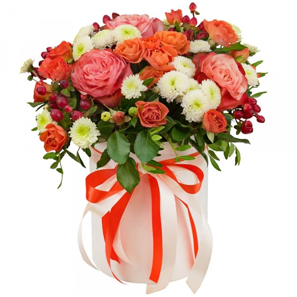 Spray rose: yellow, orange 50 cm - 7, Santini White Spray Chrysanthemum - 4, Peony rose Kahala 50 cm - 5, Round flower box small , Oasis, Film, Pistachio, Ruscus, Hypericum, Ribbon