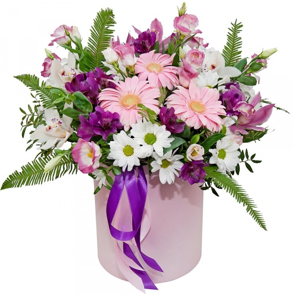 Gerbera pink - 4, White Cymbidium Orchid Bud - 7, Purple Lisianthus (Eustoma) - 5, Alstromeria lilac, purple - 4, Bacardi White Spray Chrysanthemum - 4, Round flower box medium, Oasis, Film, Ambrella, Flask for orchids, Pistachio, Ribbon