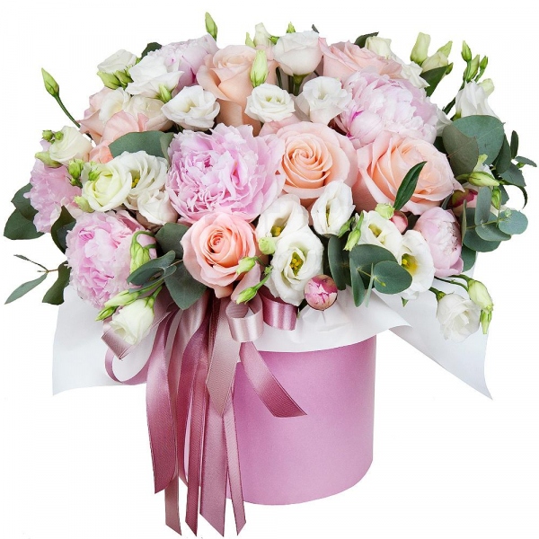 lisianthus - 5, Peony pink - 5, Pink rose 50 cm - 7, Round flower box small , Oasis, Eucalyptus Cinerea, Wrapping Paper, Ribbon