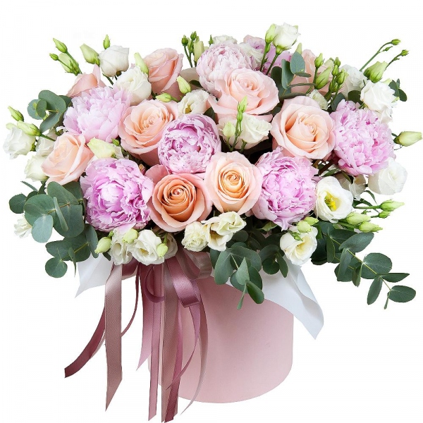 lisianthus - 7, Peony pink - 7, Pink rose 50 cm - 9, Round flower box medium, Eucalyptus Cinerea, Oasis, Ribbon, Wrapping Paper