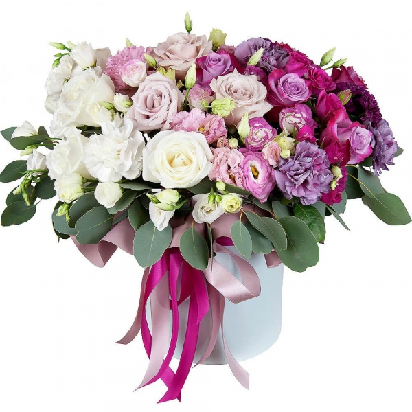 Deep Purple rose - 5, Pink rose 50 cm - 3, White rose 50 cm - 4, Pink carnation - 2, Bright pink spray rose mix, 50 cm - 5, Baltica Pink Spray Chrysanthemum - 2, Pink Lisianthus (Eustoma) - 4, lisianthus - 2, Carnation white, cream - 4, Lilac carnation - 3, Round flower box medium, Oasis, Wrapping Paper, Eucalyptus populus (1 pc.)