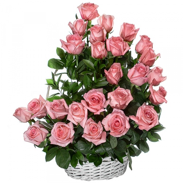 Pink rose 70 cm Ecuador  - 25, Ruscus, Oasis, Large Basket
