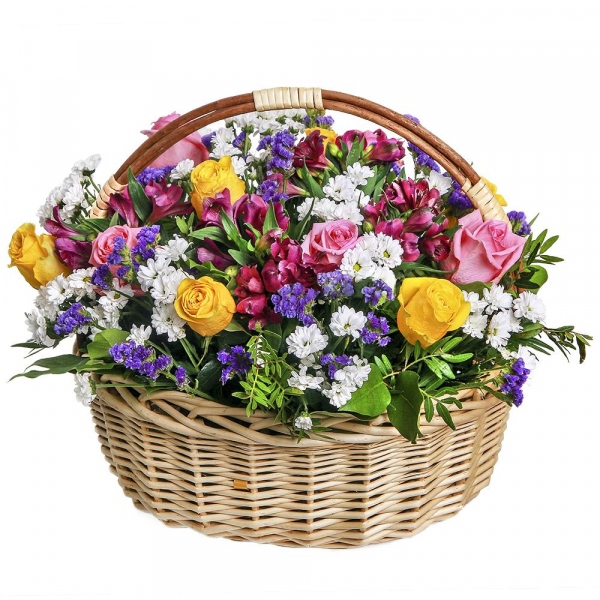 Pink rose 50 cm - 5, Yellow rose 50 cm - 6, Santini White Spray Chrysanthemum - 10, Alstromeria lilac, purple - 6, Large Basket, Blue Statice, Pistachio, Oasis