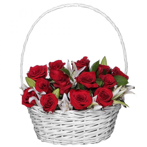 Red rose 50 cm - 15, Lilies - 3, Oasis, Ruscus, Large Basket