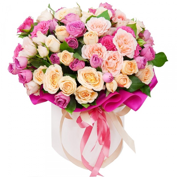 Bright pink spray rose mix, 50 cm - 7, Spray rose: white, cream, light pink 50 cm - 13, Round flower box small , Oasis, Wrapping Paper, Ribbon