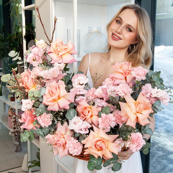 Pink rose 70 cm Ecuador  - 11, Pink Lisianthus (Eustoma) - 4, Pink carnation - 19, Medium Basket, Oasis, Limonium (1 pc.), Eucalyptus