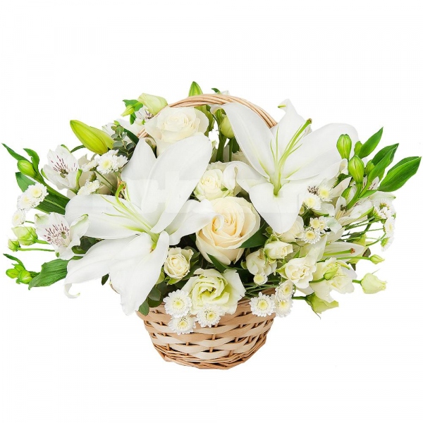 Lilies - 1, White rose 50 cm - 3, Spray rose: white, cream, light pink 50 cm - 2, Alstromeria white, soft pink - 3, lisianthus - 2, Athos poms Stallion - 3, Small Basket, Oasis