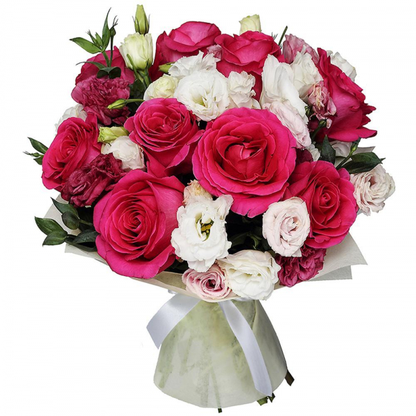 lisianthus - 10, Rose Fuchsia 50 cm Ecuador (Pink Floyd, Topaz, Cherry Lady, Gotcha) - 9, Felt, Ribbon