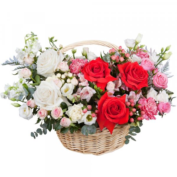 Red rose Nina 50 cm - 3, White rose 50 cm Ecuador - 2, White Matthiola - 2, Pink carnation - 3, Spray rose: white, cream, light pink 50 cm - 3, Alstromeria white, soft pink - 2, lisianthus - 4, Carnation white, cream - 2, Medium Basket, Oasis, Fern (1 pc.), Eucalyptus Cinerea, Hypericum