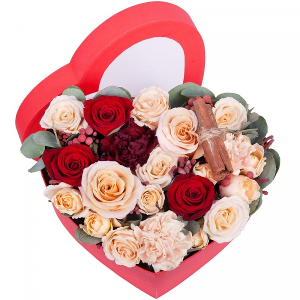Red rose 50 cm - 3, Rose Cream 50 cm - 2, Carnation white, cream - 2, Spray rose: white, cream, light pink 50 cm - 2, Carnation red - 1, Composition Box, Oasis, Cinnamon decorative packaging, Eucalyptus Cinerea, Brunia Green Lanuginosa (1 pc.)