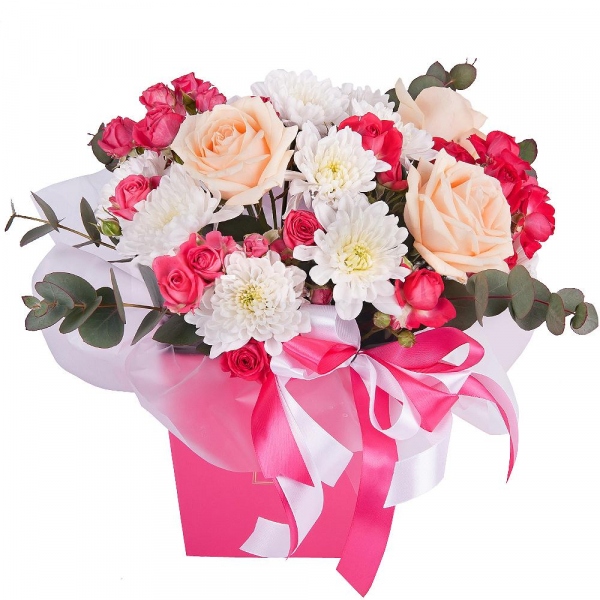 Rose Cream 50 cm - 3, Baltica White Spray Chrysanthemum - 2, Bright pink spray rose mix, 50 cm - 3, Composition Box, Oasis, Eucalyptus Cinerea, Wrapping Paper