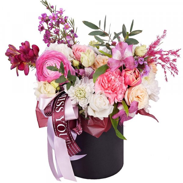 Ranunculus Pink - 1, Freesia - 1, Alstromeria white, soft pink - 1, Pink carnation - 1, Spray rose: white, cream, light pink 50 cm - 2, lisianthus - 1, Baltica White Spray Chrysanthemum - 1, Pink tulip - 1, Round flower box small , Oasis, Waxflower (1 pc.), Dried flowers decor, Wrapping Paper, Eucalyptus