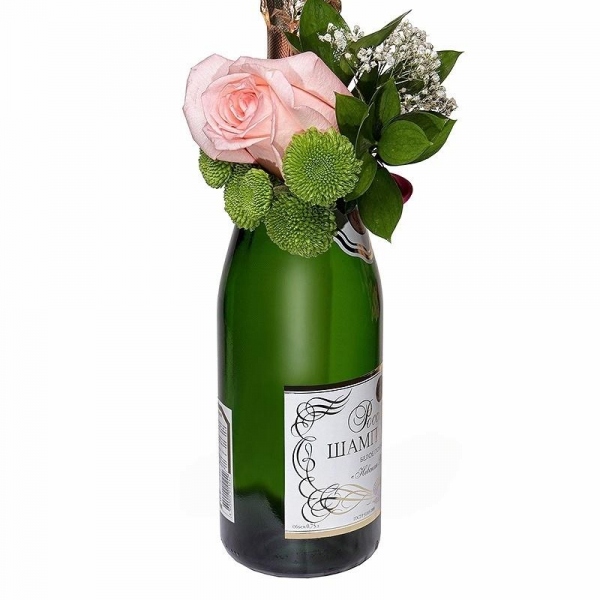 Pink rose 50 cm - 1, Athos pom Feeling Green - 1, Gypsophila - 0.5, Non-alcoholic champagne or wine, Ruscus