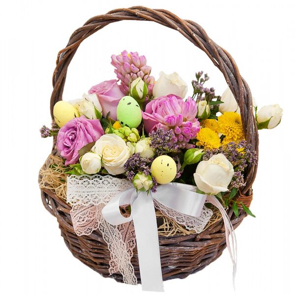 Pink Hyacinth - 1, Spray rose: white, cream, light pink 50 cm - 1, Pink rose 50 cm - 3, Santini Yellow Spray Chrysanthemum - 1, Medium Basket, Oasis, Sisal, Ribbon, Decorative element small, Limonium (1 pc.), Pistachio