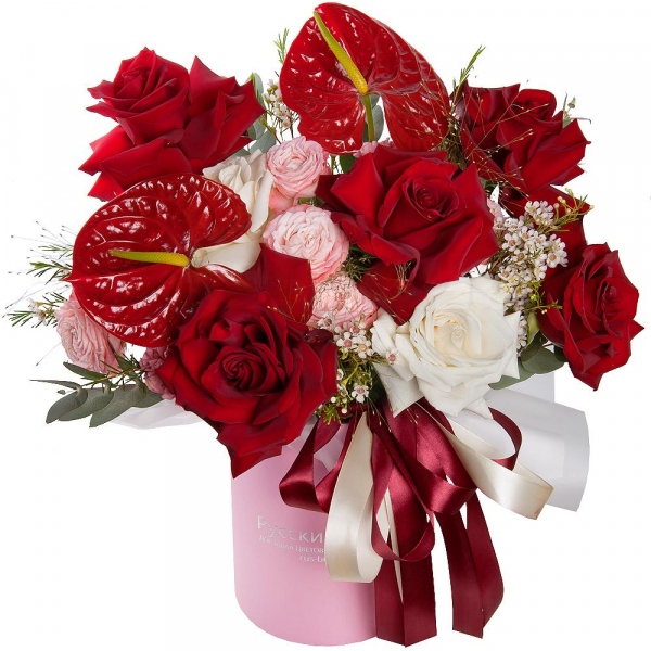 Rose Red 50 cm Ecuador - 5, Red cut anthurium - 2, Bright pink spray rose mix, 50 cm - 1, White rose 50 cm Ecuador - 2, Round flower box small , Oasis, Ribbon, Waxflower (1 pc.), Eucalyptus