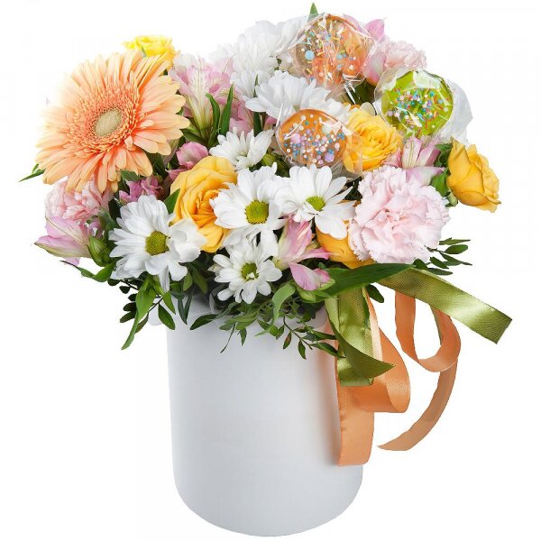 Gerbera yellow - 1, Pink carnation - 3, Alstromeria white, soft pink - 2, Bacardi White Spray Chrysanthemum - 1, Spray rose: yellow, orange 50 cm - 1, Round flower box small , Ribbon, Oasis, Pistachio, Topper (for flowers)