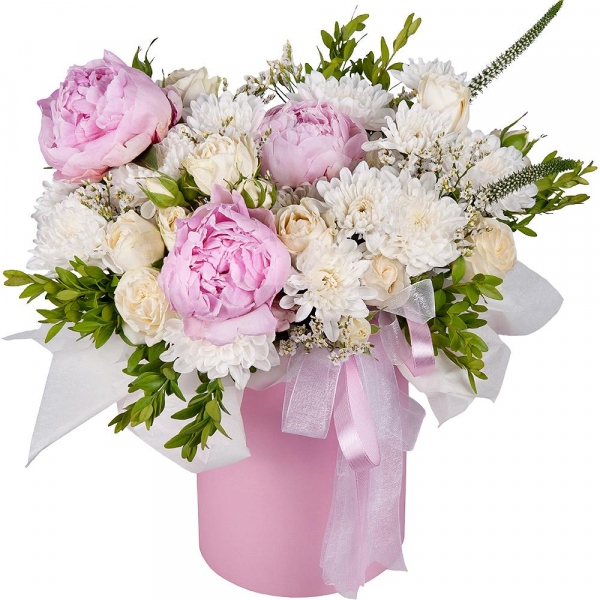 Peony pink - 3, Peony sprayrose - 2, Baltica White Spray Chrysanthemum - 2, Round flower box small , Oasis, Veronica spray, Pistachio, Limonium (1 pc.), Wrapping Paper