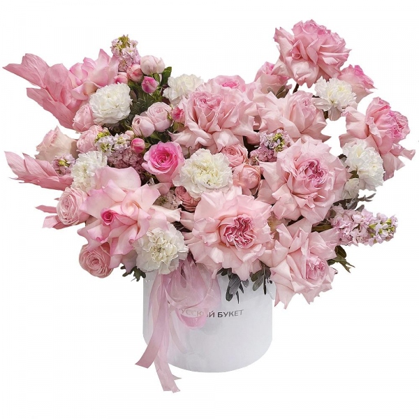 Peony rose pink 'OHara' - 7, Rose Pink 50 cm Ecuador (Chelo, Hermosa, Novia, Titanik, Engagement, Pink Mondiale) - 8, Matthiola Lilac - 5, Baltica White Spray Chrysanthemum - 3, Bright pink spray rose mix, 50 cm - 4, Carnation white, cream - 7, Round flower box medium, Oasis, Pistachio, Dried flowers in assortment, Ribbon