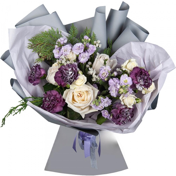 Peony style roses - 3, Spray rose: white, cream, light pink 50 cm - 2, Lilac carnation - 9, Matthiola Lilac - 2, Thuja, White statice, Wrapping Paper