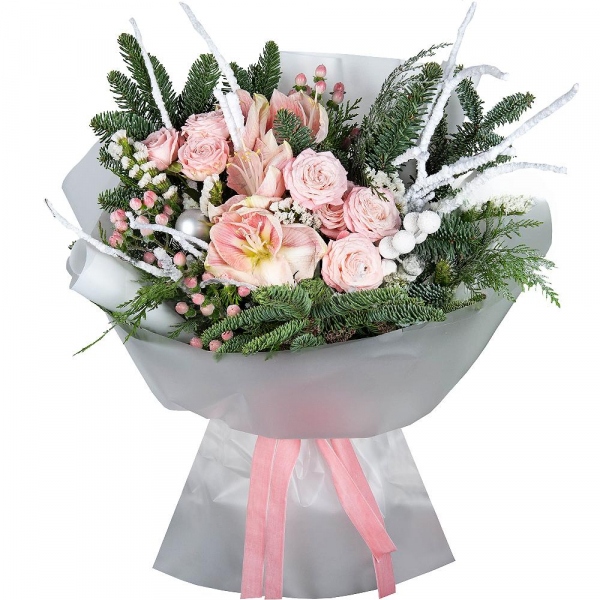 Pink amaryllis - 2, Peony sprayrose - 4, Spruce branches (1pc.), Hypericum, White statice, Thuja, Christmas decor (set), Artificial branch, Wrapping Paper