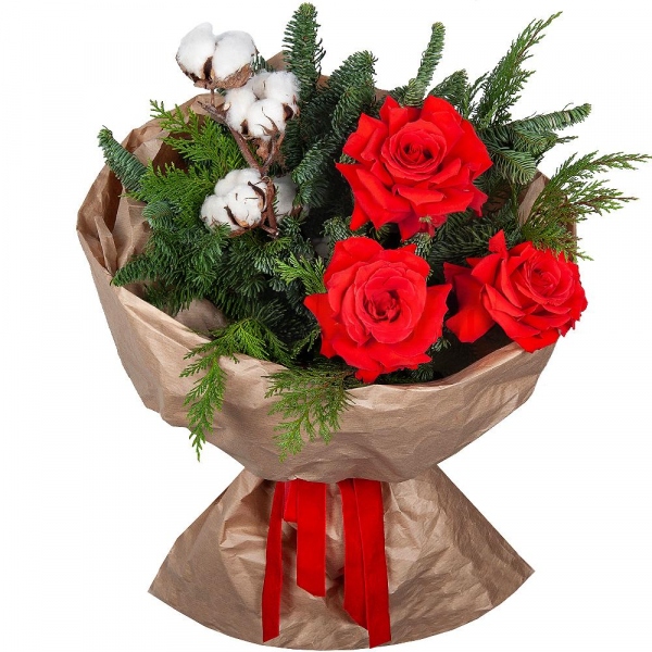 Rose Red 50 cm Ecuador - 5, Spruce branches (1pc.), Thuja, Cotton branch, Wrapping Paper
