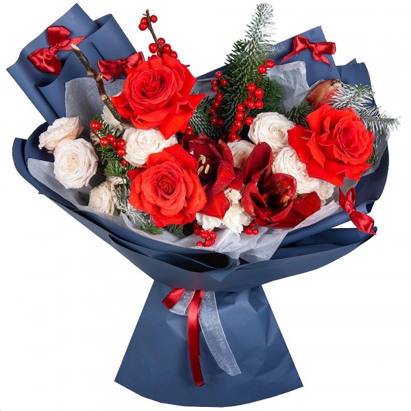 Red rose Nina 50 cm - 3, Red amaryllis - 1, Peony sprayrose - 4, Spruce branches (1pc.), Artificial branch, Ilex, Wrapping Paper