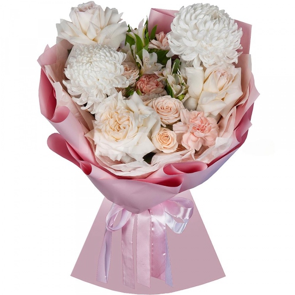 Chrysanthemum white Bigoudi - 2, Peony style roses - 3, Carnation white, cream - 5, Baltica White Spray Chrysanthemum - 1, Alstromeria white, soft pink - 5, Peony sprayrose - 3, Wrapping Paper